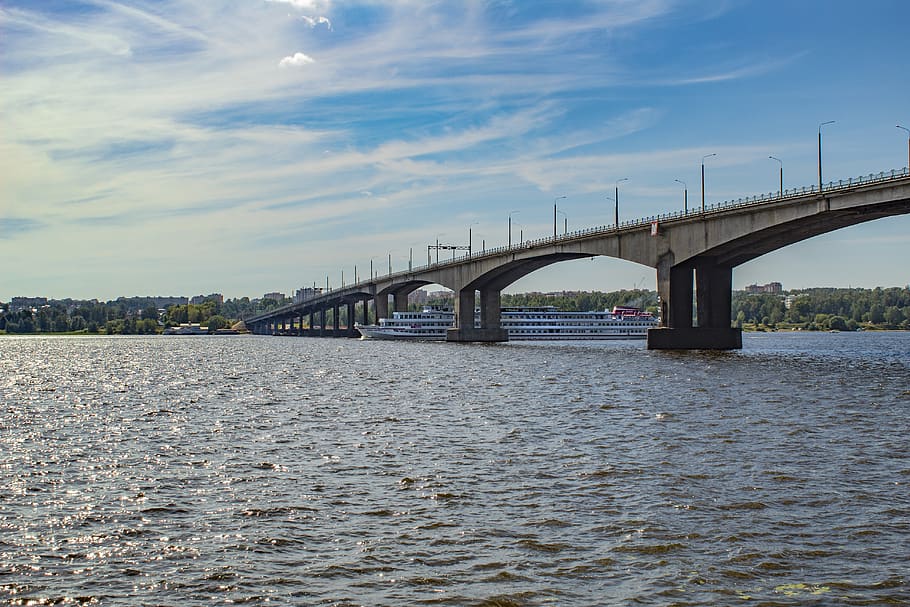 bridge, boat, river, clouds, sky, transportation, connection HD wallpaper