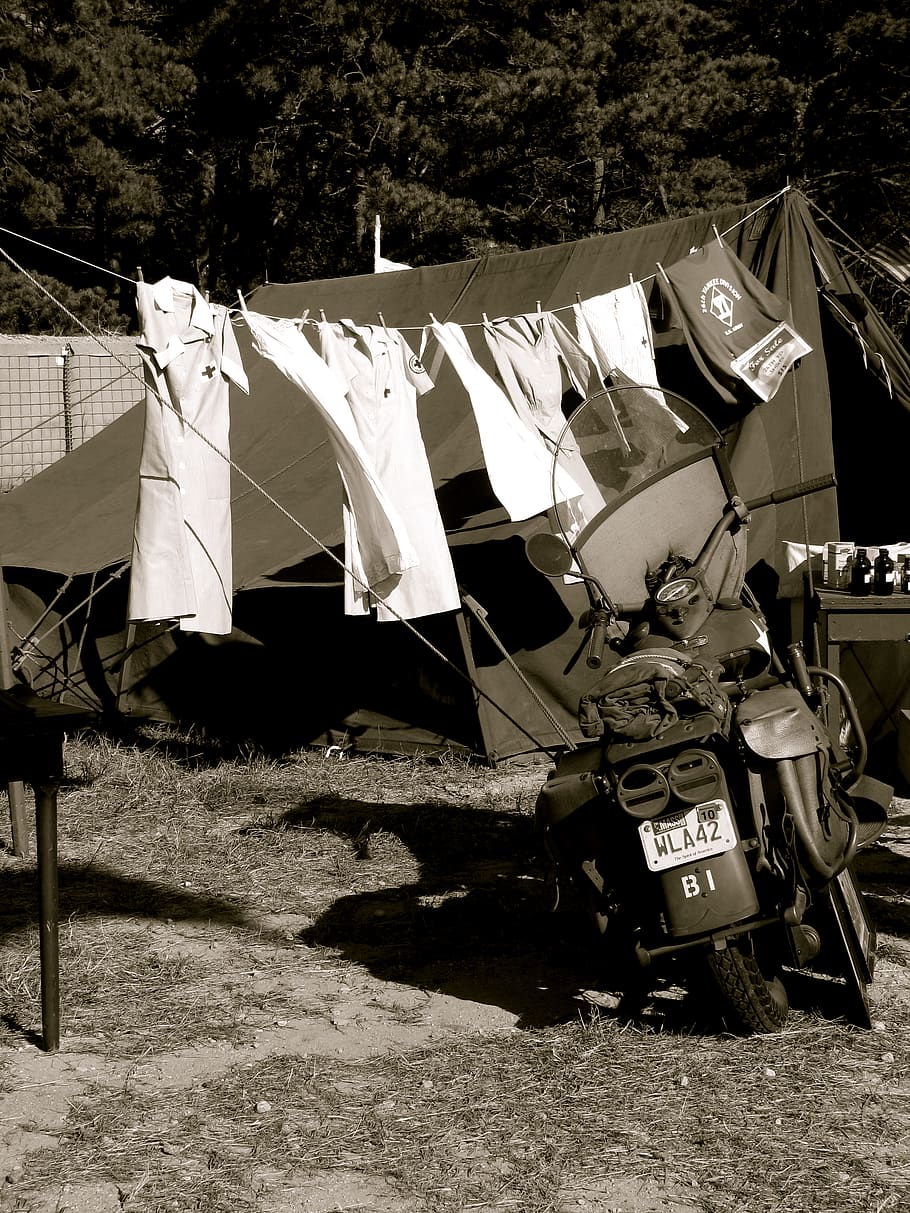 red cross, war, reenactment, motorcycle, nurse, clothesline HD wallpaper