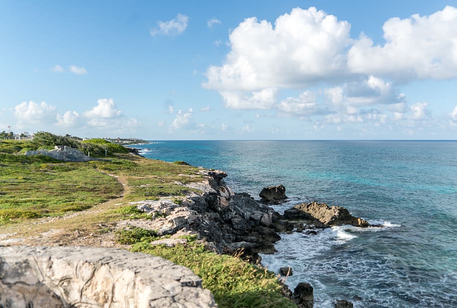 cliffs, ocean, isla mujeres, rocks, nature, coast, sea, water HD wallpaper