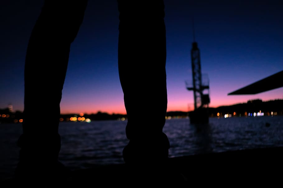 lake, night, silhouette, water, sky, sunset, illuminated, dusk HD wallpaper