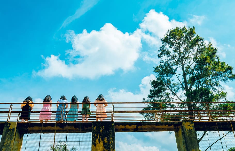 Six Girl Standing on Suspension Bridge, architecture, landscape HD wallpaper