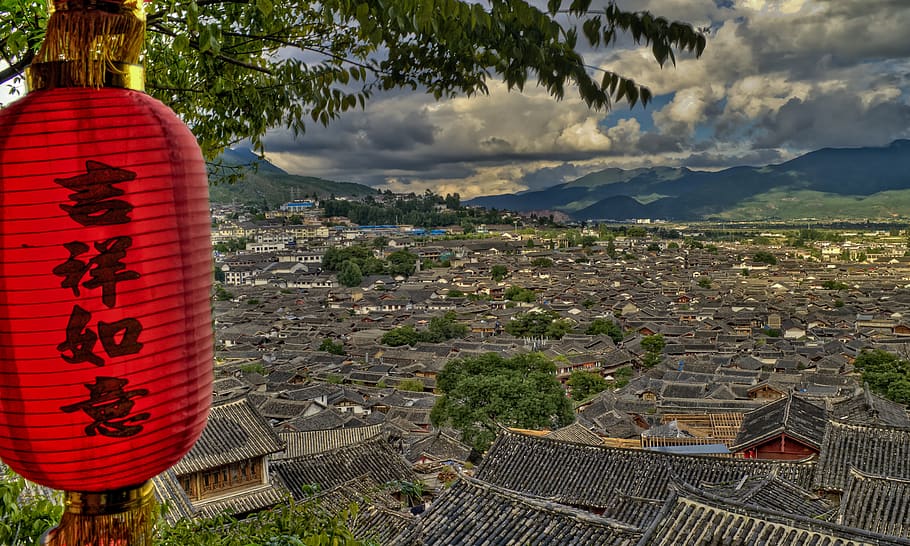 red lantern lamp, human, person, people, roof, tile roof, china HD wallpaper