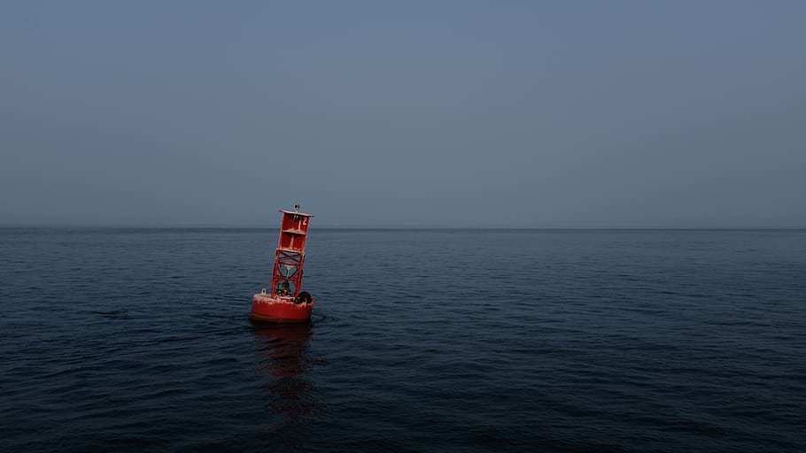 orange buoy, ocean, sea, water, nature, beacon, sky, horizon HD wallpaper