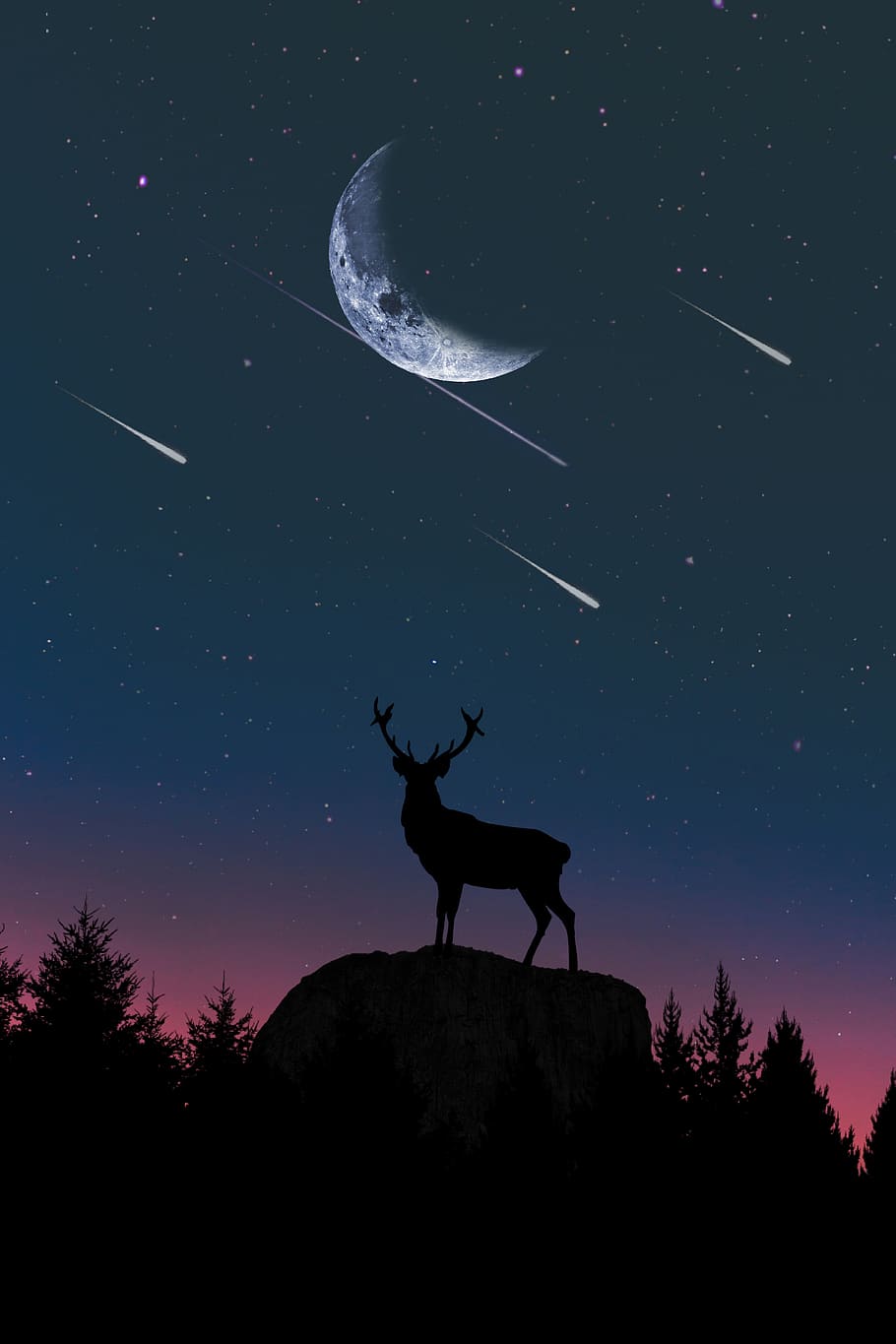 moon, sky, nature, dusk, sun, silhouette, dawn, deer, shooting star HD wallpaper