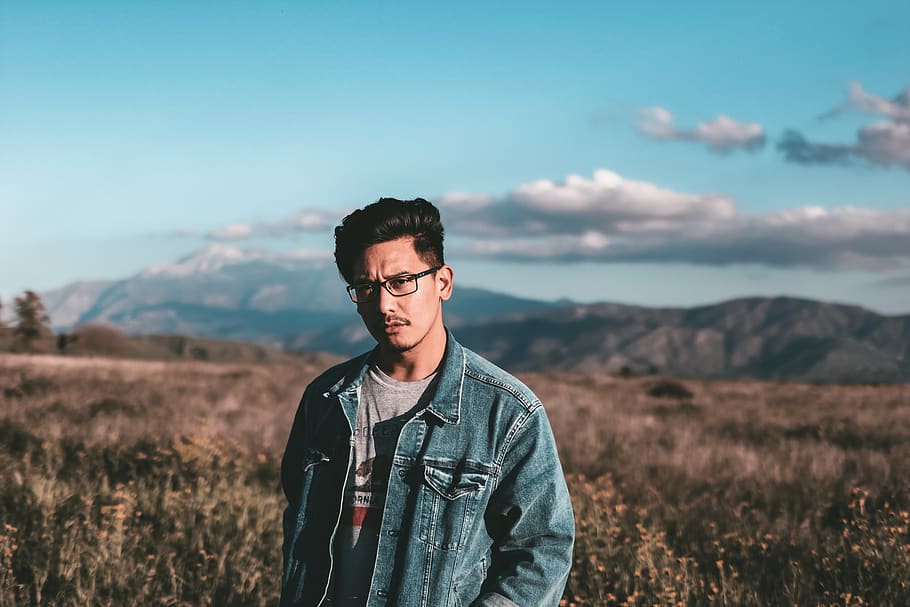 Man Wearing Blue Denim Jacket and Eyeglases, clouds, daylight HD wallpaper