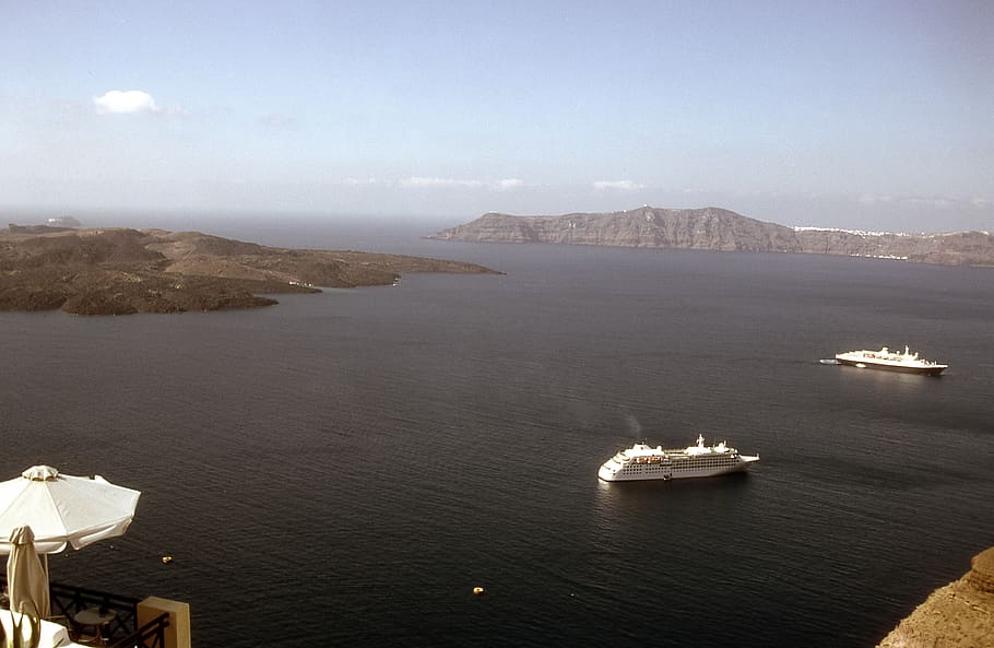 greece, santorini, caldera, water, mountain, sea, transportation HD wallpaper