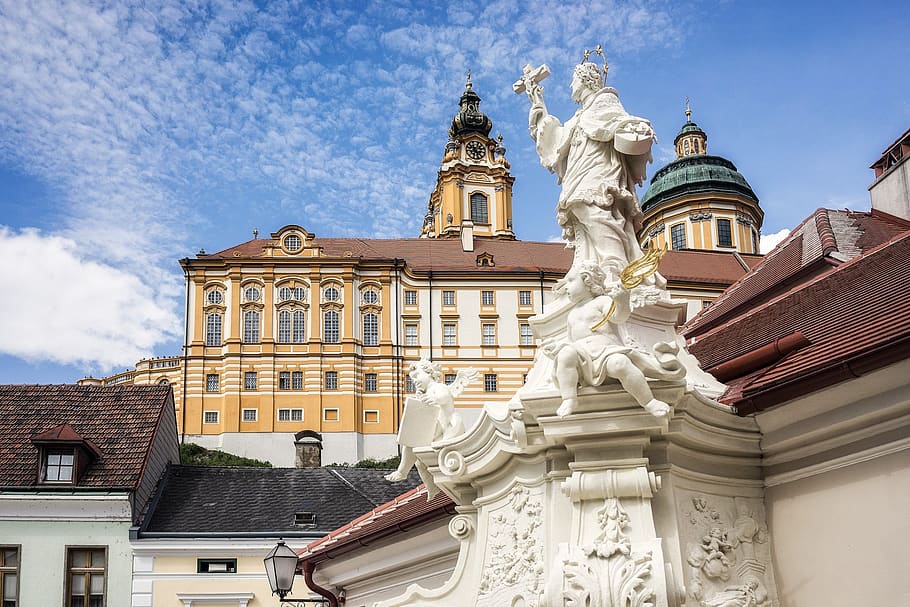 austria, melk, statue, white, yellow, cut out, christian, architecture, HD wallpaper