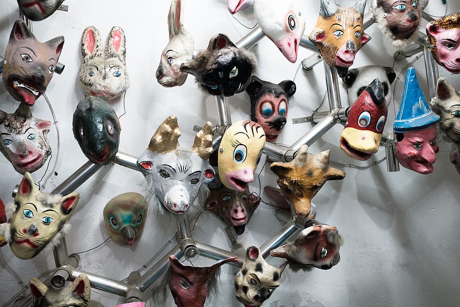 mask, wall, animals, weird, art, representation, art and craft HD wallpaper