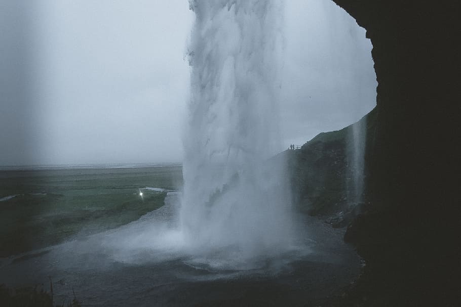 waterfall cave during day time, cliff, river, cloudy, grey, vik, HD wallpaper