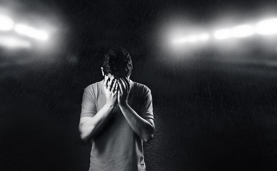 Monochrome Photo of Man Covering His Face, black-and-white, covered, HD wallpaper