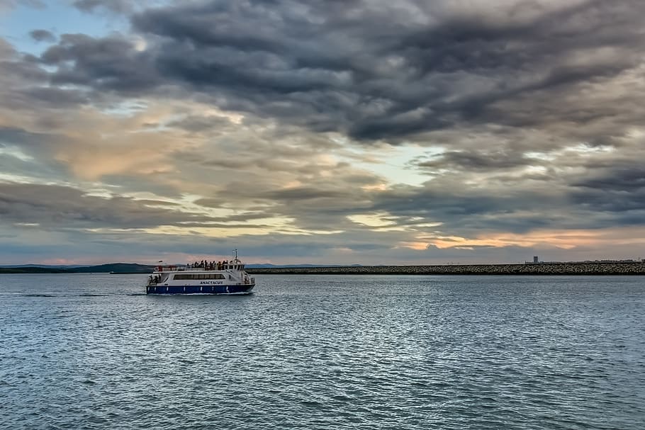 sunset, sea, boat, ship, excursion, water, ocean, sky, evening HD wallpaper