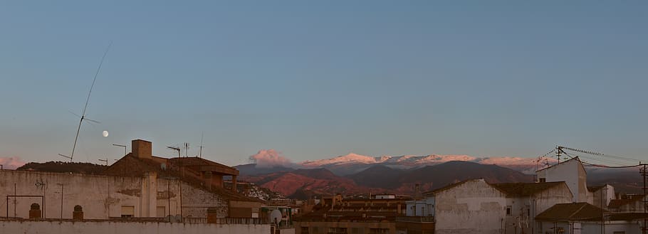 spain, granada, sky, moon, montaña, sierra nevada, mountains HD wallpaper