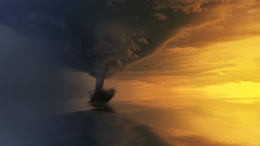 tornado, wind shear, ocean, clouds, storm, sunset, dawn, panorama HD wallpaper