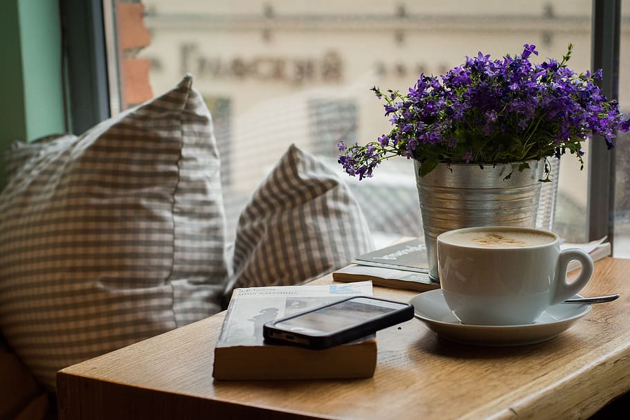 table, cup, coffee, drink, flowering plant, mug, coffee - drink HD wallpaper