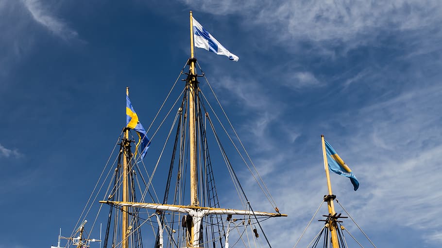 brown ship under blue sky, mast, sail, sailing, sailing net, sailing ropes HD wallpaper