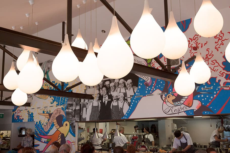 restaurant, lamp, lantern, object, light, human, activity, lighting equipment HD wallpaper