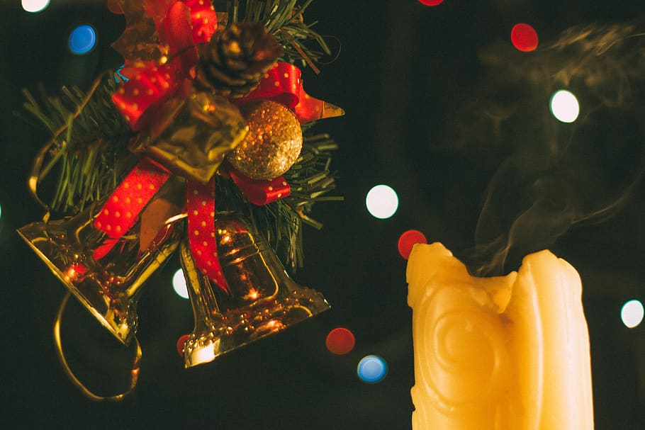 Gold Bells, candle, christmas tree, holiday, animal, decoration HD wallpaper