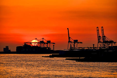 osaka, container, sunset, crane, harbor, bay, machine, oil tank HD wallpaper