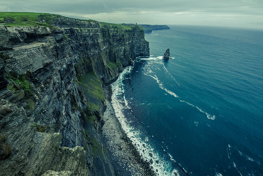 ireland, cliffs of moher, waves, green, seascape, bay, island, HD wallpaper