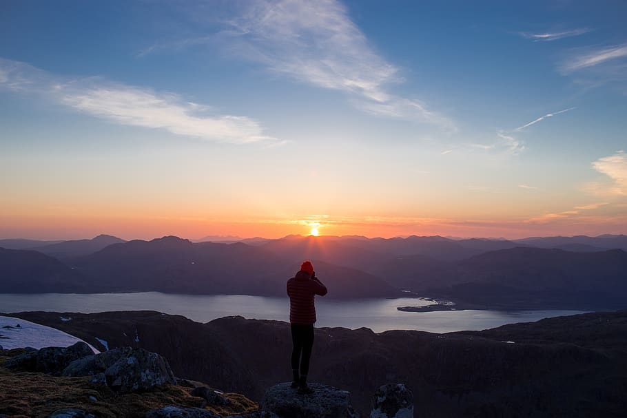 sunset, sunlight, sunrise, mountain, clouds, sky, dark, nature HD wallpaper