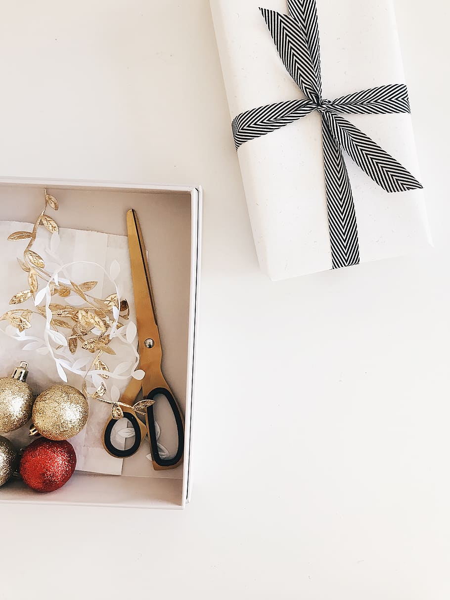 black scissors on the box, table, indoors, still life, food, high angle view HD wallpaper