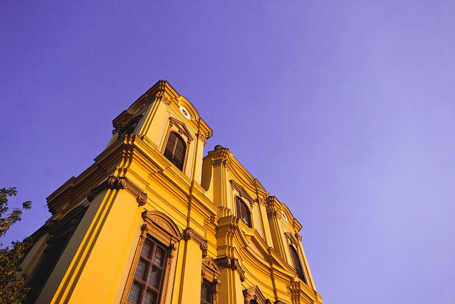 romania, timișoara, sky, timisoara, old church, yellow building, HD wallpaper