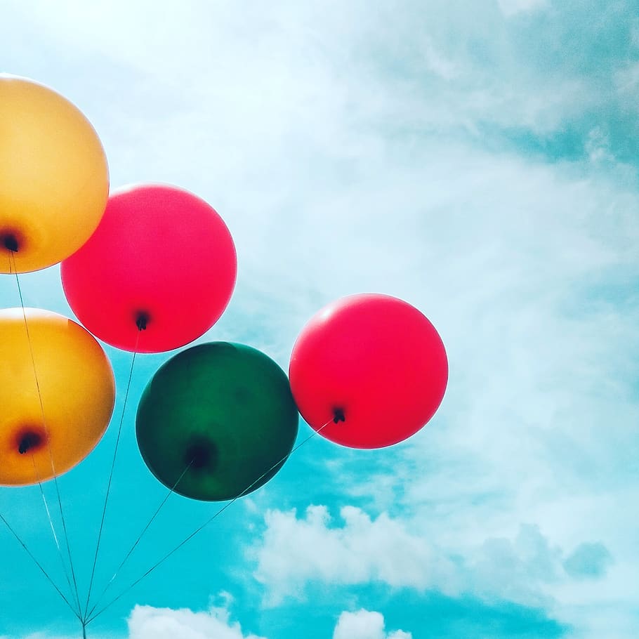 Five Assorted Balloons, blue sky, bright, celebration, clouds HD wallpaper