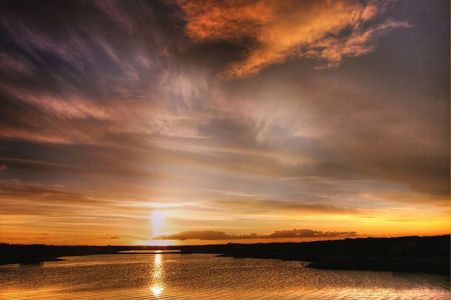 sun, sky, sunset, clouds, nature, sunrise, landscape, red, dusk HD wallpaper
