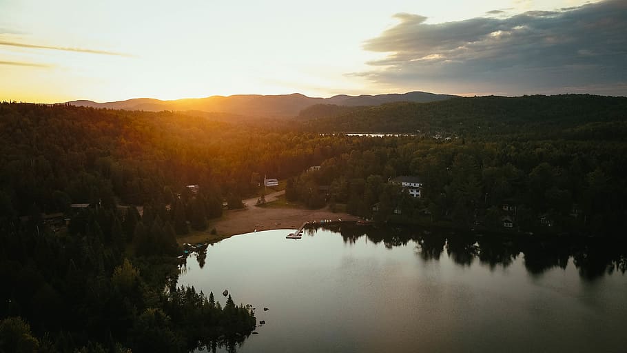 canada, lac sarrazin, forest, quebec, dock, sunrise, golden hour HD wallpaper