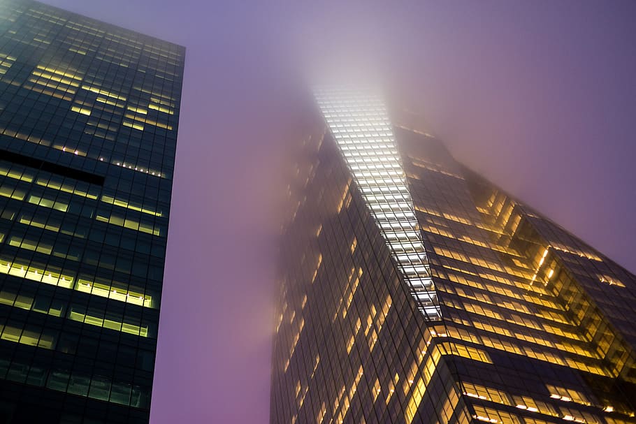 two lighted high-rise buildings, office building, city, urban HD wallpaper