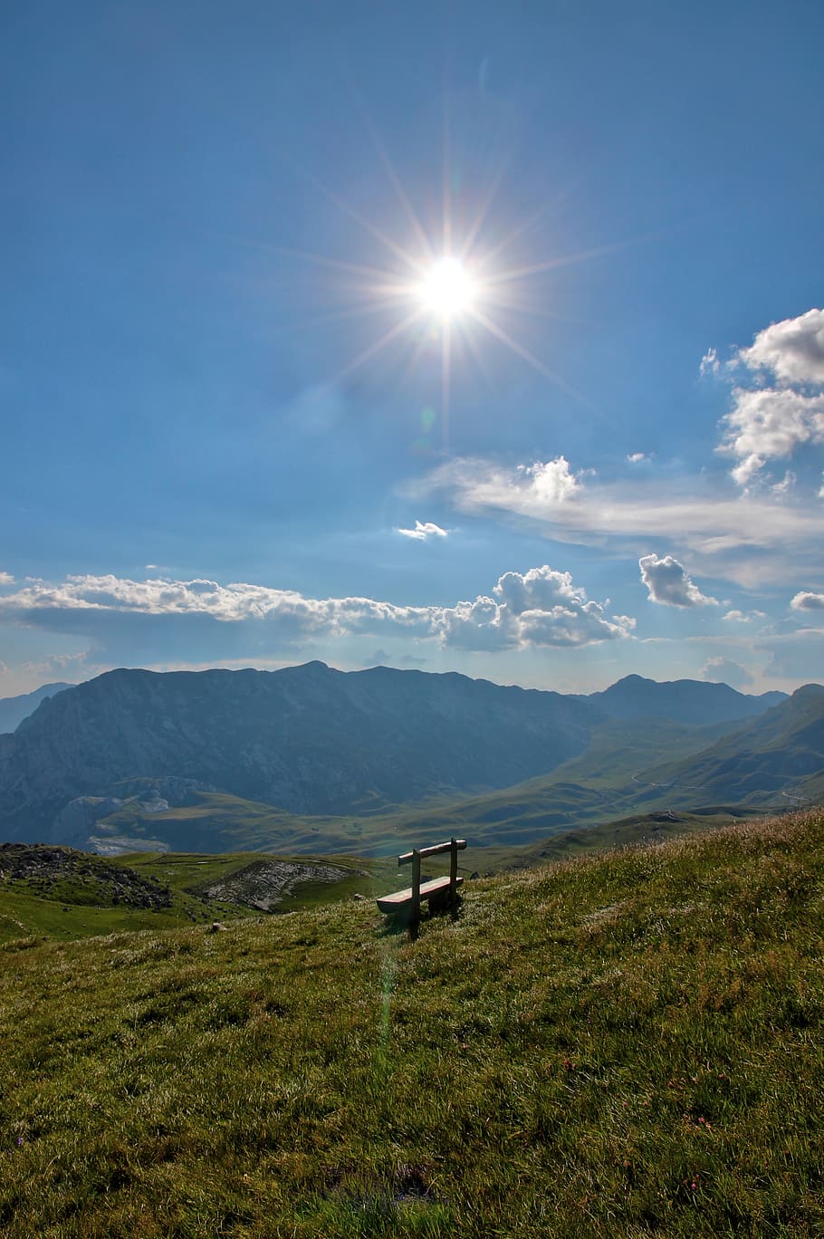 bench, moutains, lonely, sky, beauty in nature, scenics - nature HD wallpaper