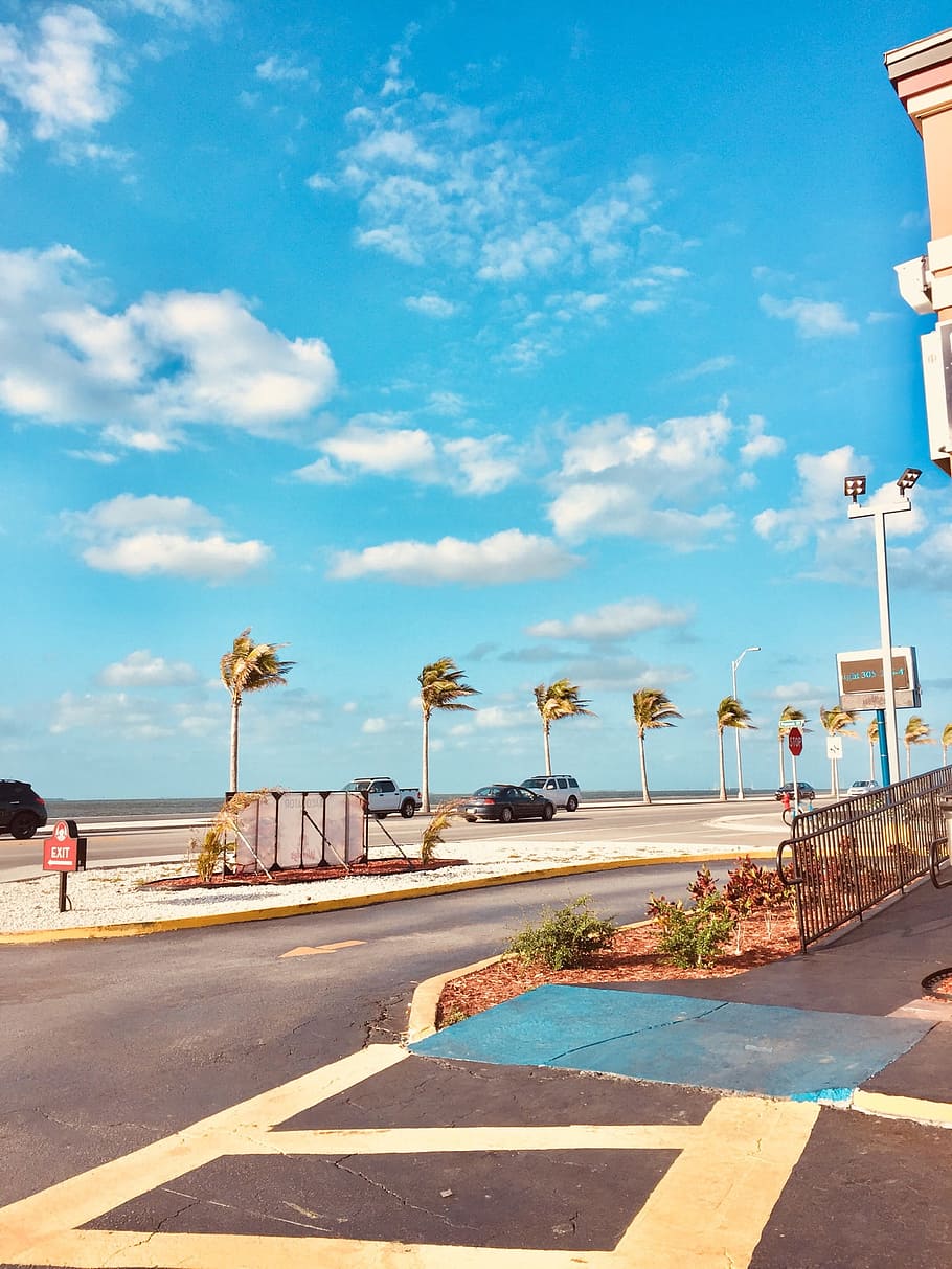 Cars on Road Near Light Post, clouds, daytime, lamp posts, landscape HD wallpaper