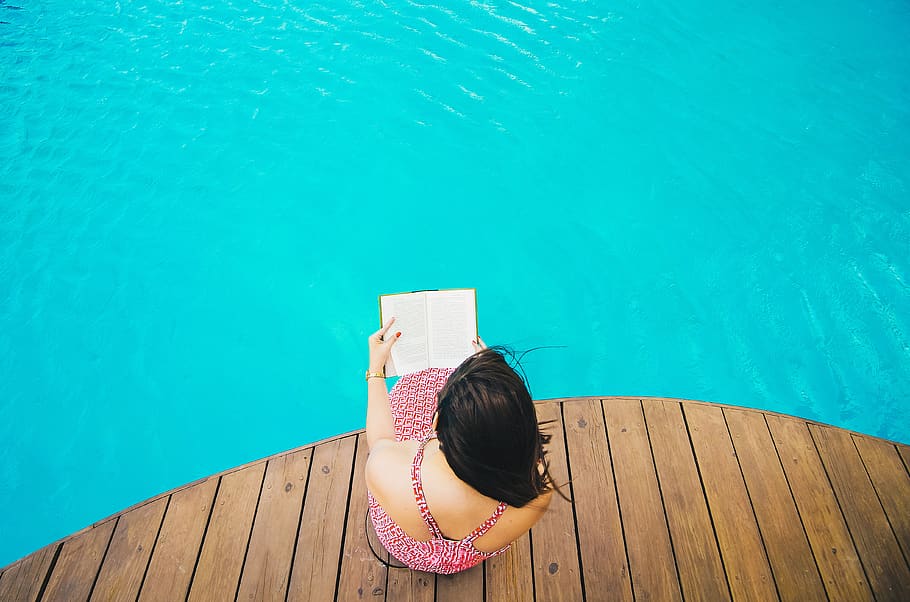 swimming, pool, blue, water, wooden, people, girl, woman, reading HD wallpaper