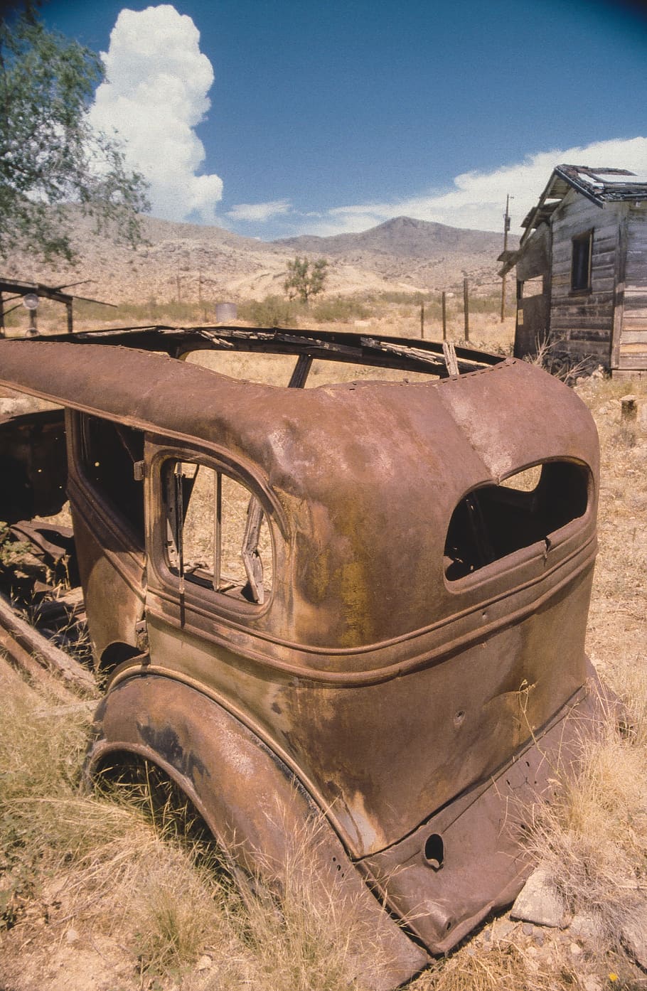 rust, car, outdoors, wreck, barn, texas, route 66, film, fuji HD wallpaper