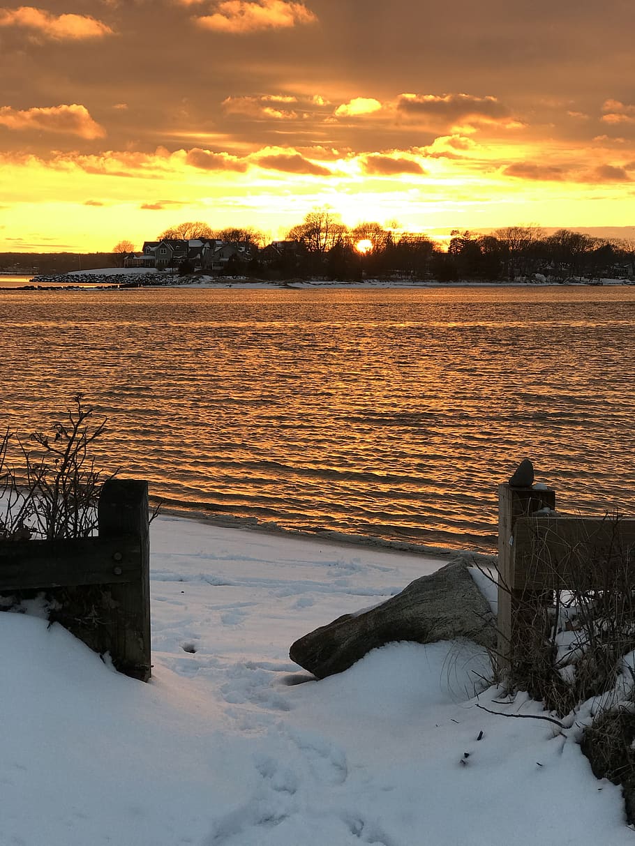 sunset, beach, snow, ripples, clouds, orange, sand, mood, landscape HD wallpaper