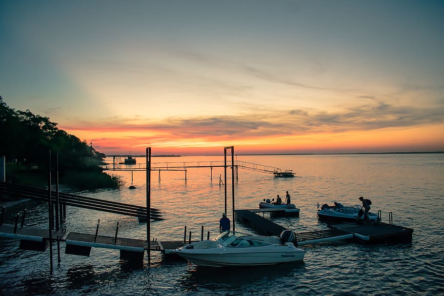 sunset, river, boats, water, nautical vessel, sky, transportation HD wallpaper
