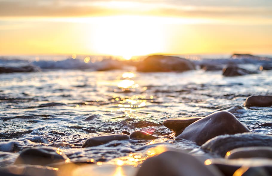 sunset, beach, sea, water, summer, twilight, nature, ocean HD wallpaper
