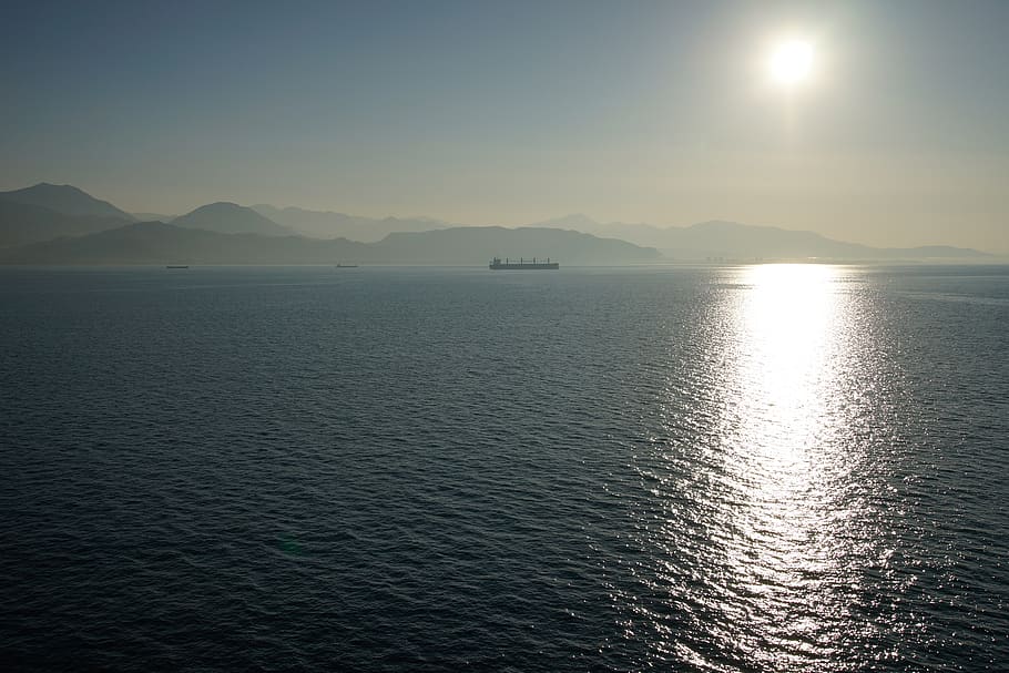 sun, sea, sunset, water, sky, ocean, dusk, landscape, boat HD wallpaper