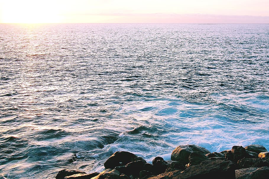 sunset, sky, ocean, sea, water, waves, ripples, horizon, rocks HD wallpaper