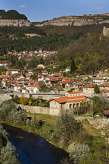 river, church, cliffs, architecture, sky, village, bulgaria HD wallpaper