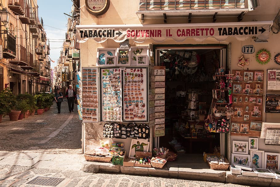 italy, cefalù, cefalu, old town, street, sicilia, store, sunny