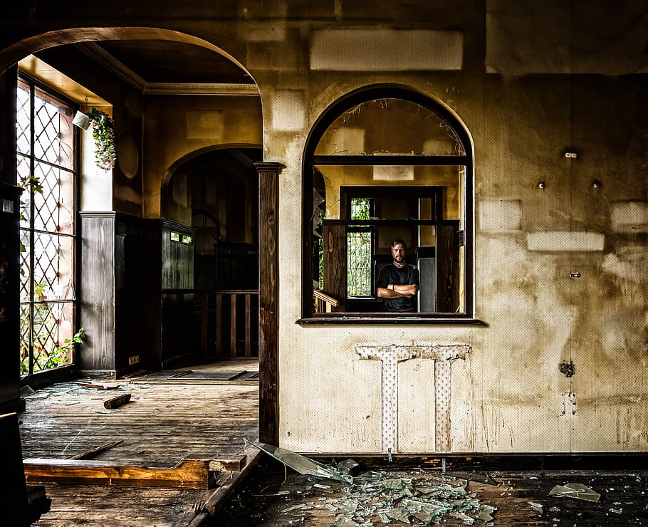Person Standing Behind Black Wooden Window, abandoned, architecture HD wallpaper
