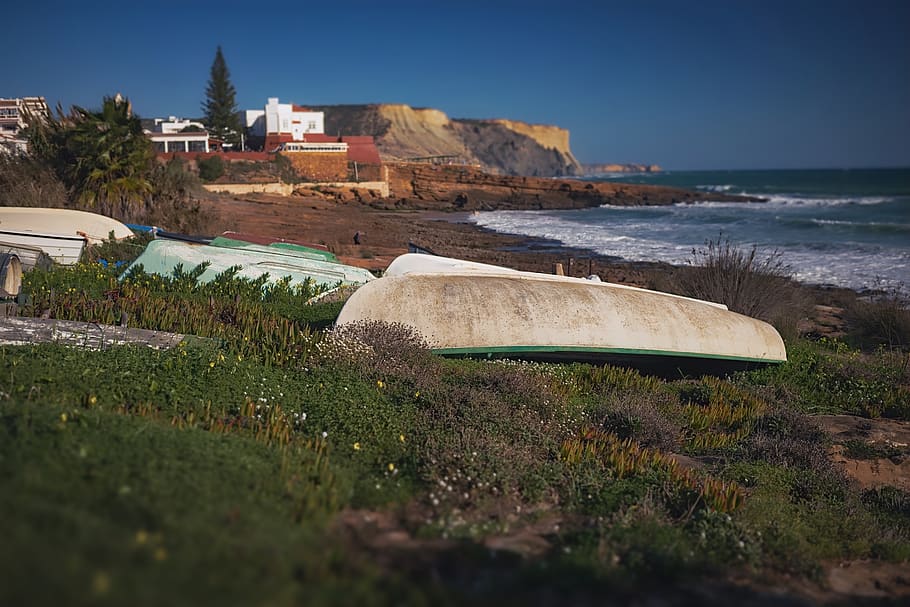 boat, shore, tilt shift, coast, fishing, sea, landscape, seascape HD wallpaper