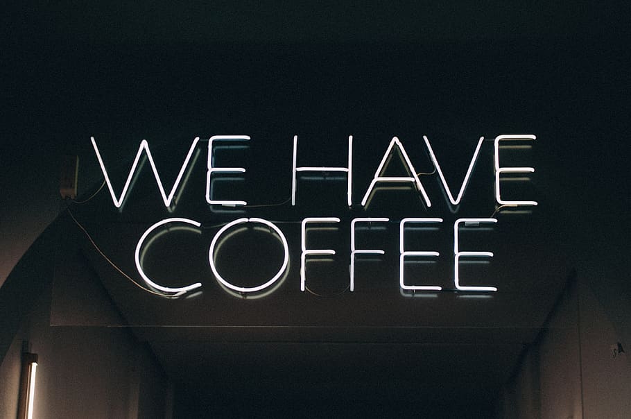 white We have coffee neon light, communication, text, western script HD wallpaper