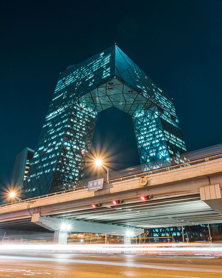 teal concrete building during daytime, road, way, cctv headquarters, HD wallpaper