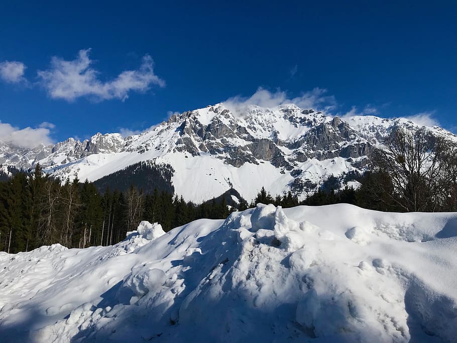 snow, winter, mountains, sky, ramsau, nature, landscape, alpine HD wallpaper