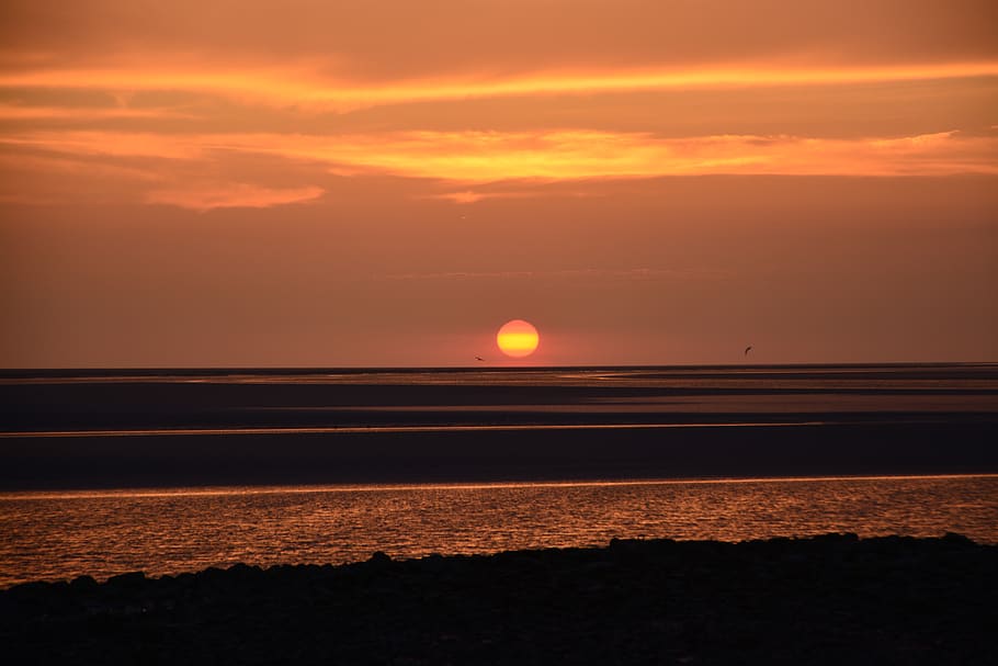 sunset, twilight, panoramic romantic, orange color, nature HD wallpaper