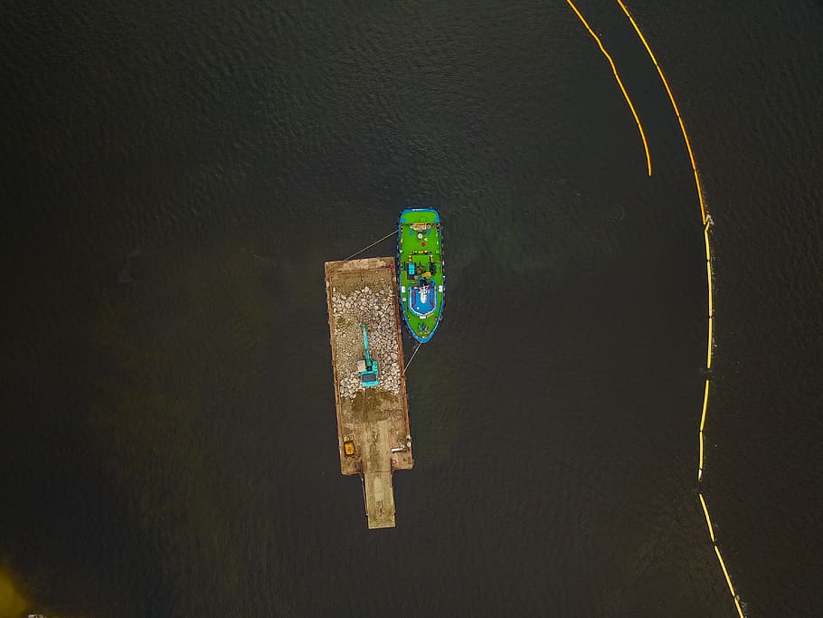 areal photography of green boat on body of water, dock, aerial HD wallpaper