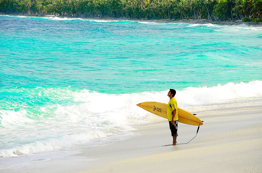 Person Holding Surfboard, action, beach, carribean, daylight HD wallpaper