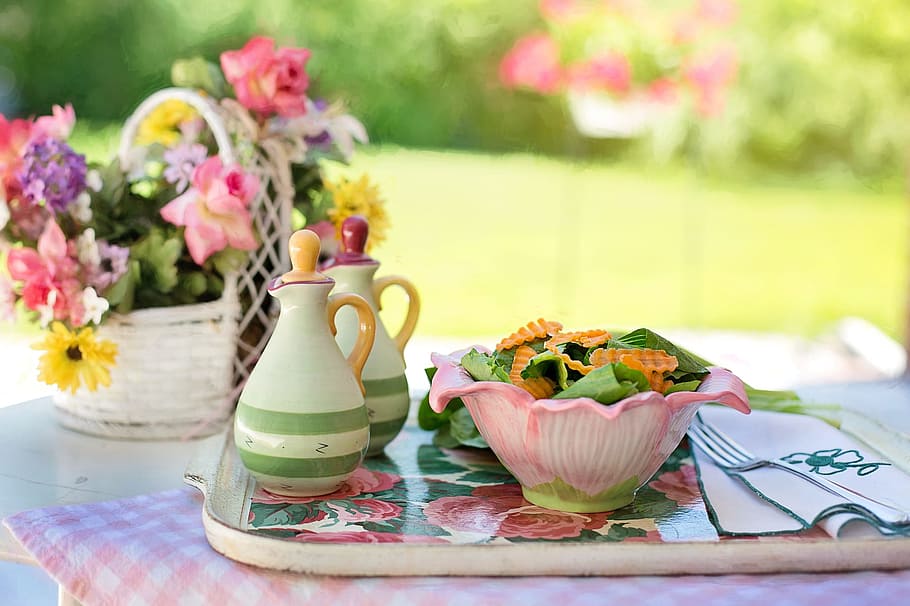 salad, table, flower, pot, food, nature, fresh, flowering plant HD wallpaper